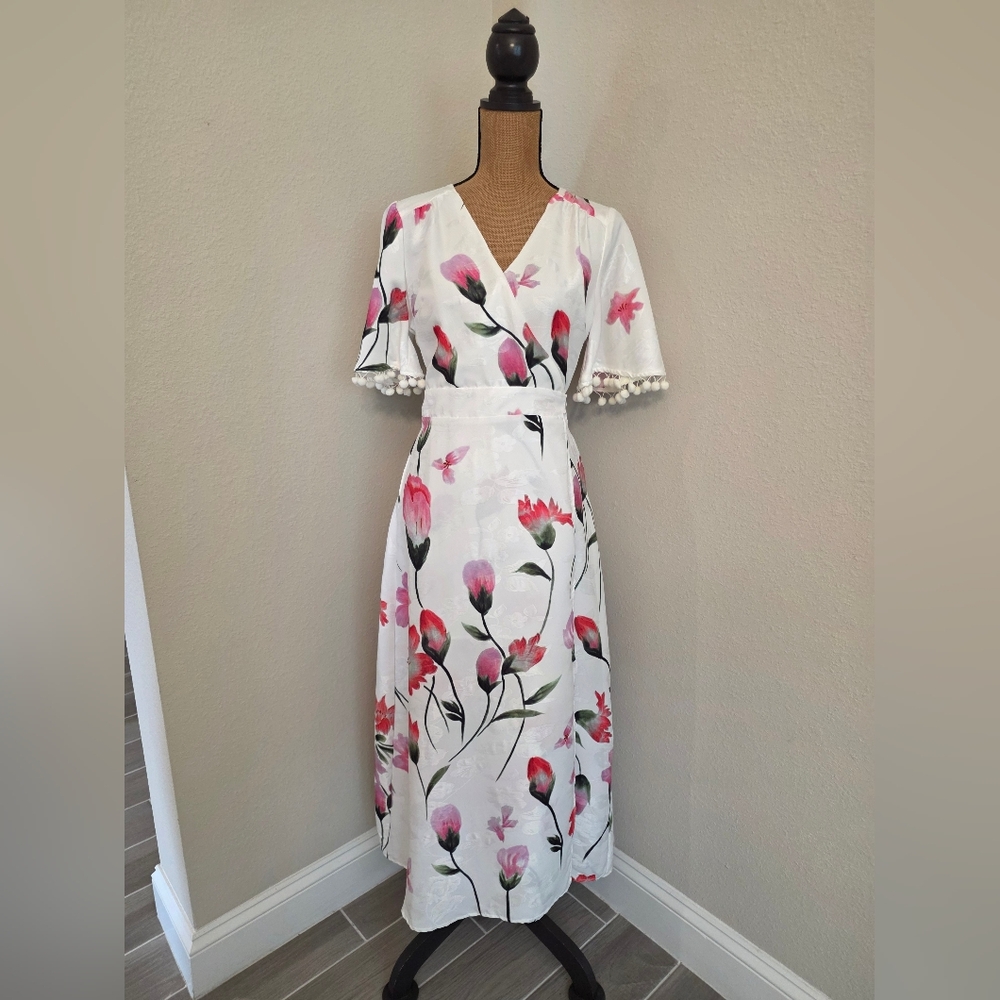 Willow & Clay White and Pink Floral Wrap Dress